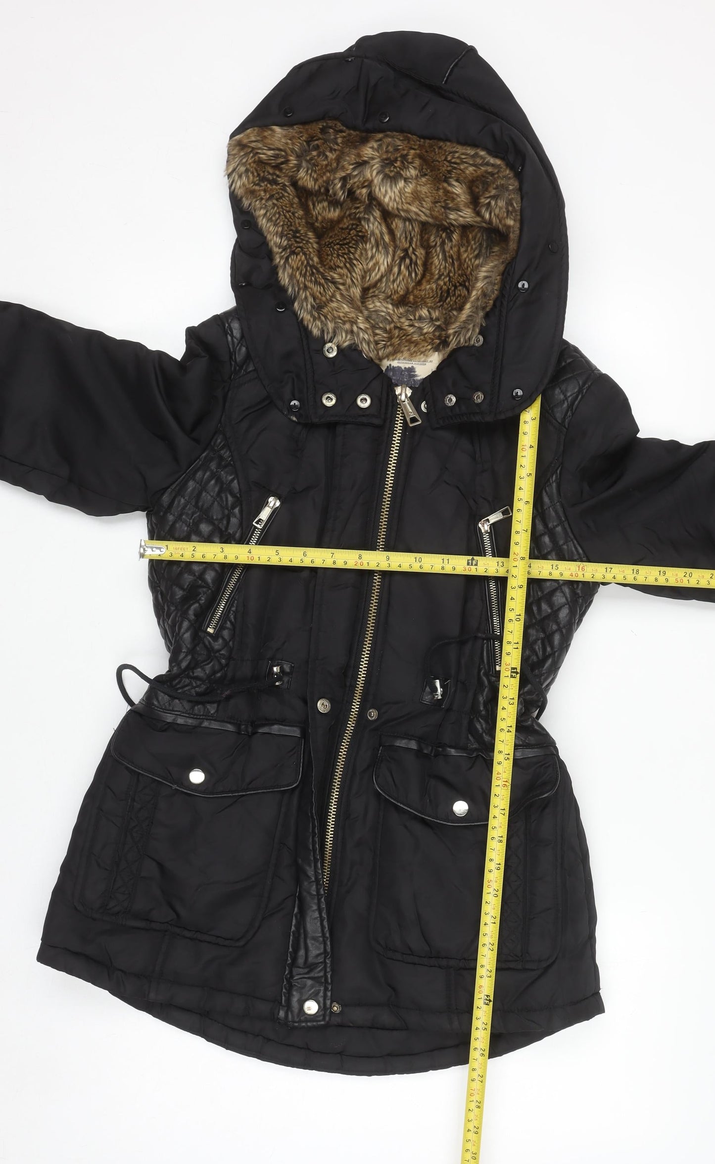 Zara Women Black Faux Fur Lined Hooded Parka Jacket Size 12