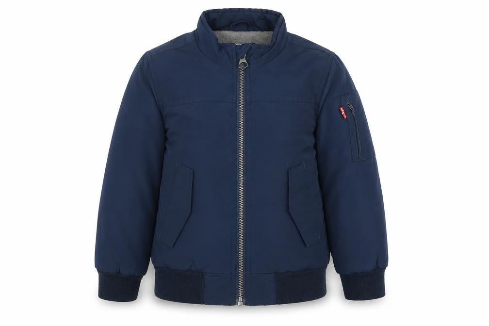 Front view of Levi's boys’ blue bomber jacket, size 4, years lined polyester zip-up