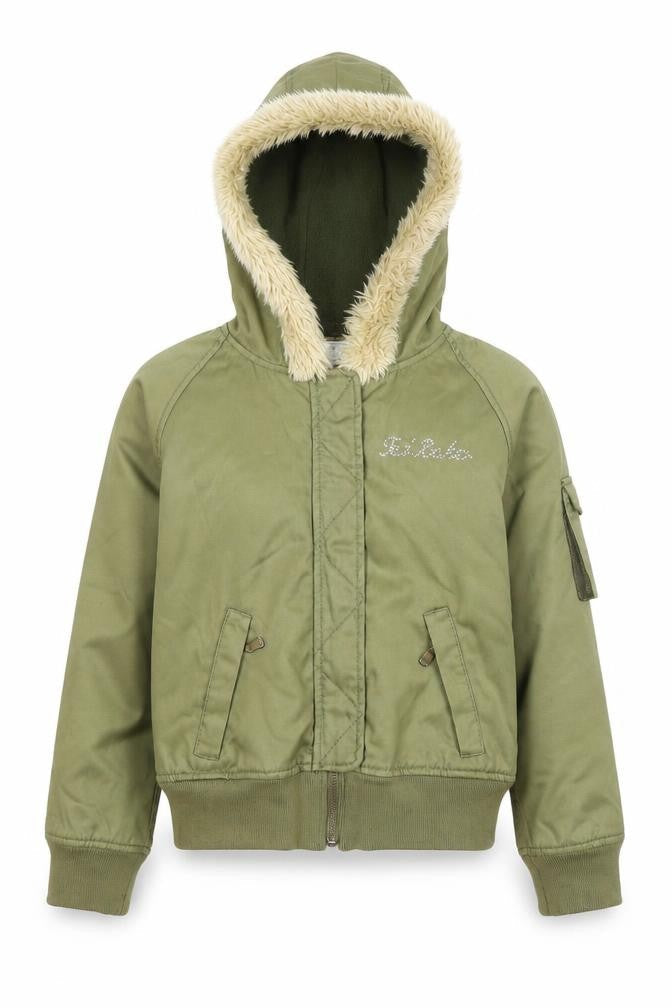 Front view of Ted Baker girls’ green hooded fur trim bomber jacket age 10 winter coat