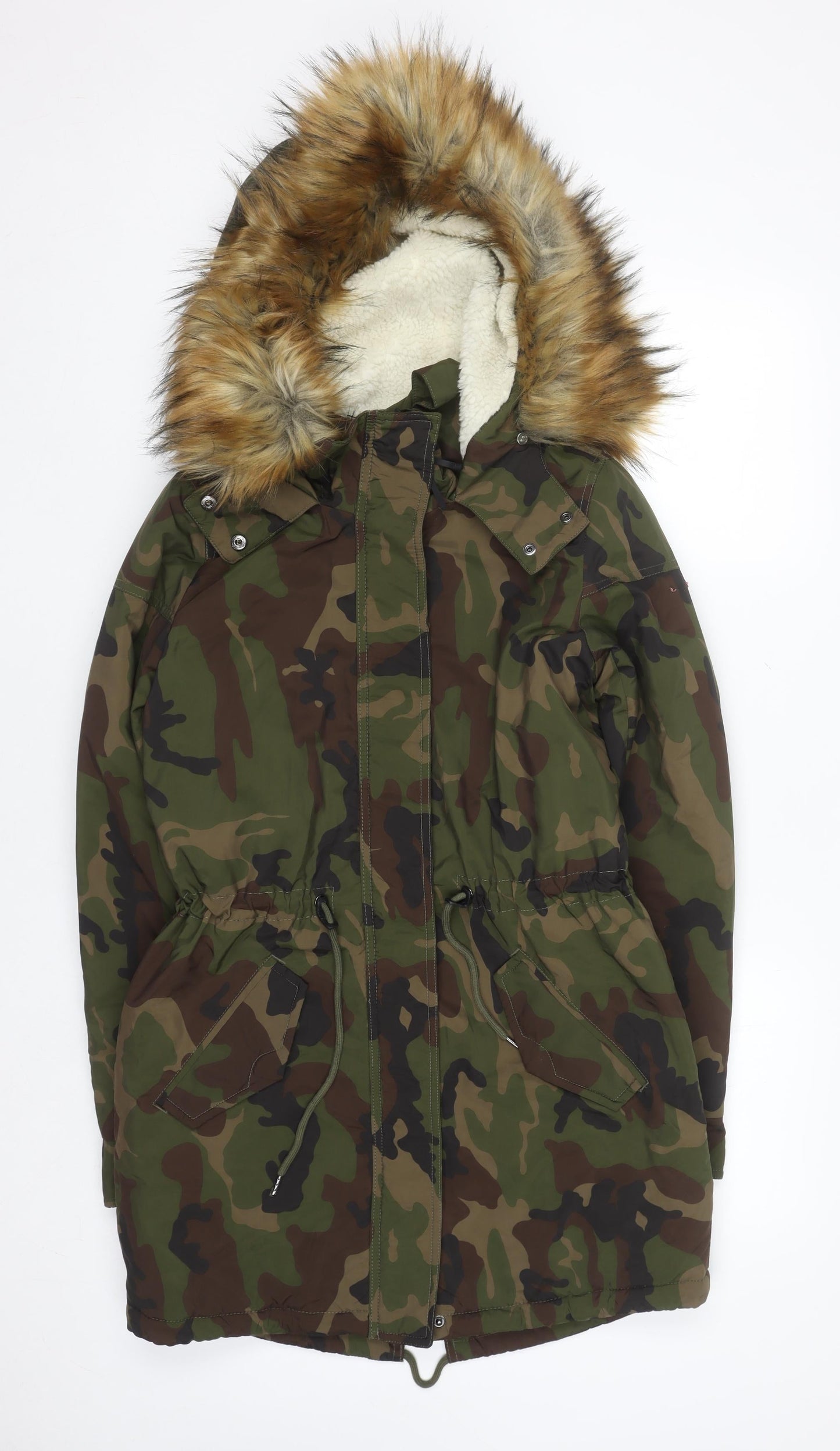 ONLY Women’s Green Camouflage Long Parka Jacket with Faux Fur Hood S