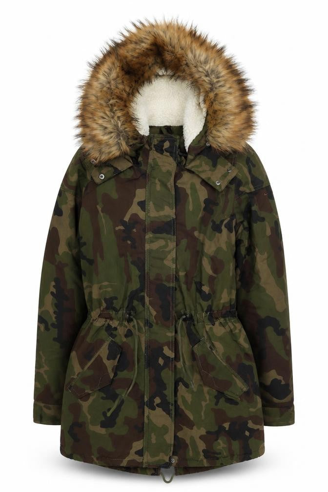 Front view of Only Women’s Green Camouflage Long Parka Jacket with Faux Fur Hood S