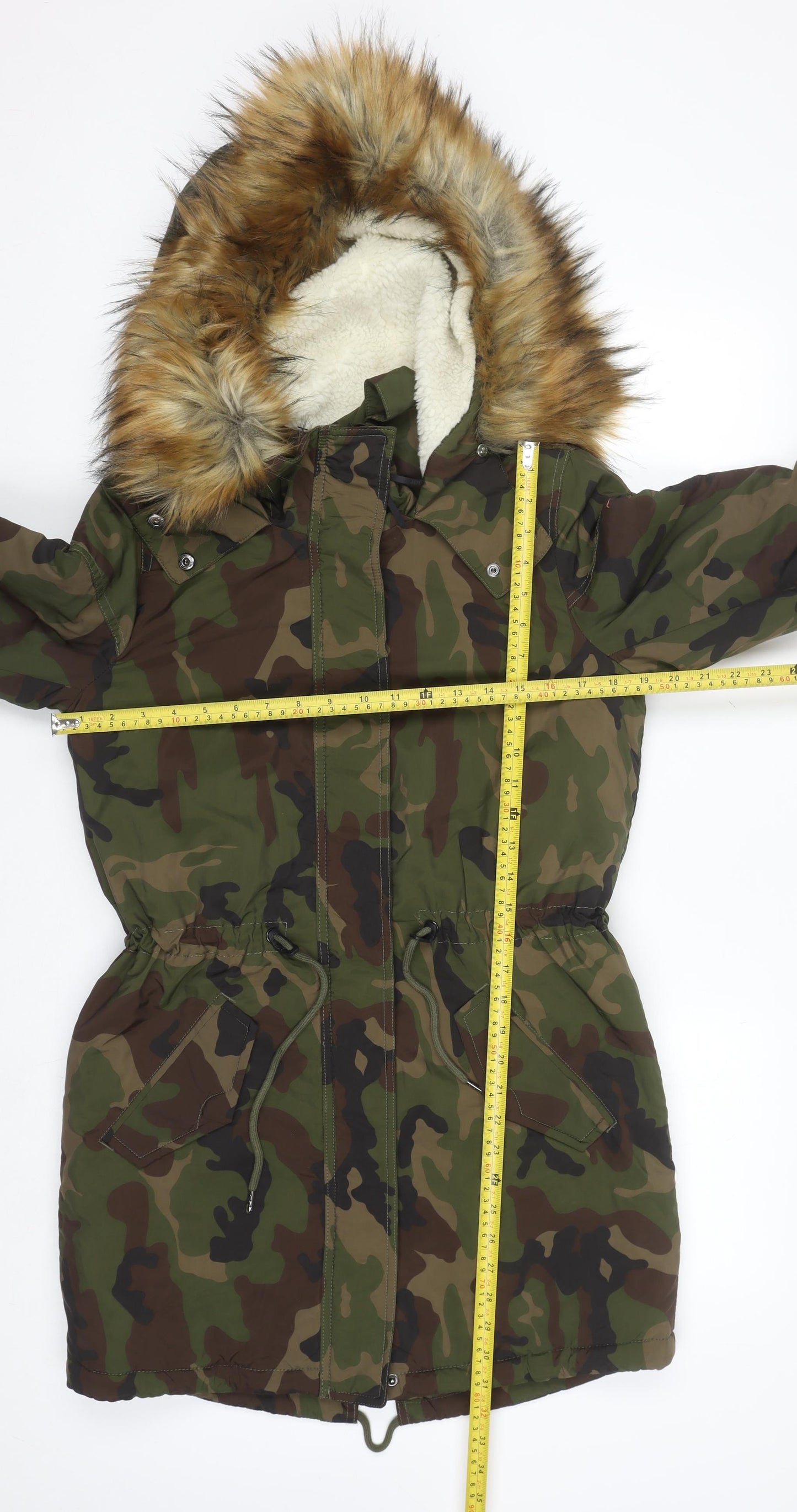 ONLY Women’s Green Camouflage Long Parka Jacket with Faux Fur Hood S