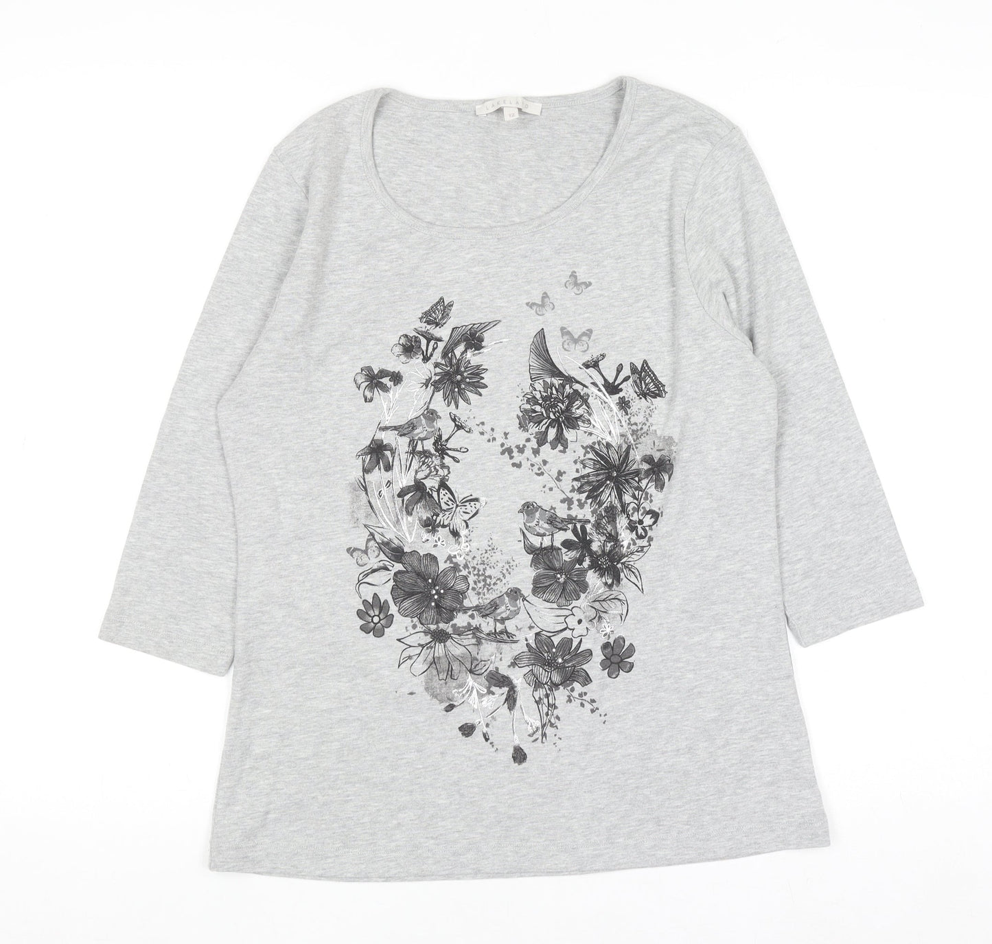 Lakeland Women's Grey Floral 3/4 Sleeve Scoop Neck T-Shirt Size 12