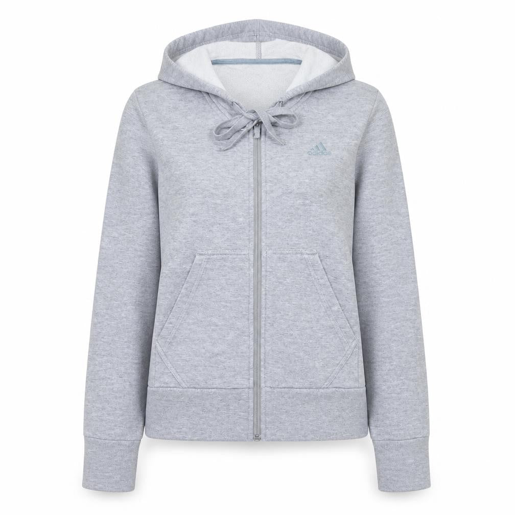 Front view of Adidas Women Grey Full Zip Hoodie, size 12, Essentials Cotton