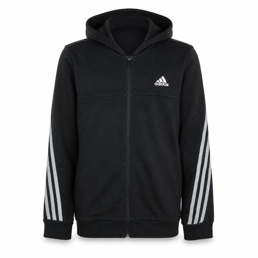 Front view of Adidas boys’ black full zip hoodie, size 13-14, years lined hooded top