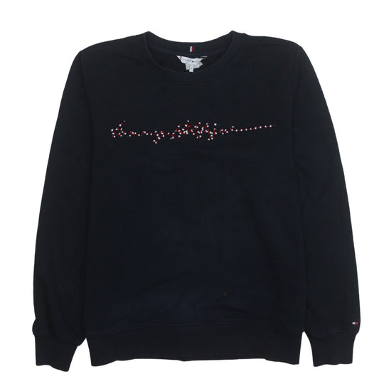 Tommy Hilfiger Womens Black Small Pullover Sweatshirt with Beaded Logo