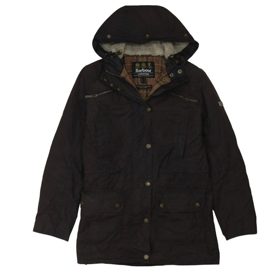 Barbour Women Brown Waxed Parka Jacket Size 10 Hooded Lined