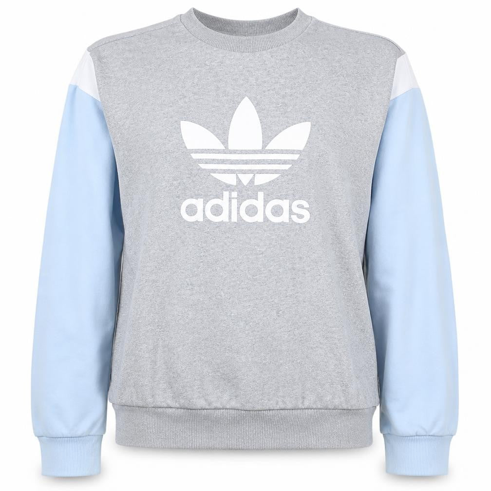 Front view of Adidas Women's Grey & Blue Crew Neck Sweatshirt, size 8, Classic Logo