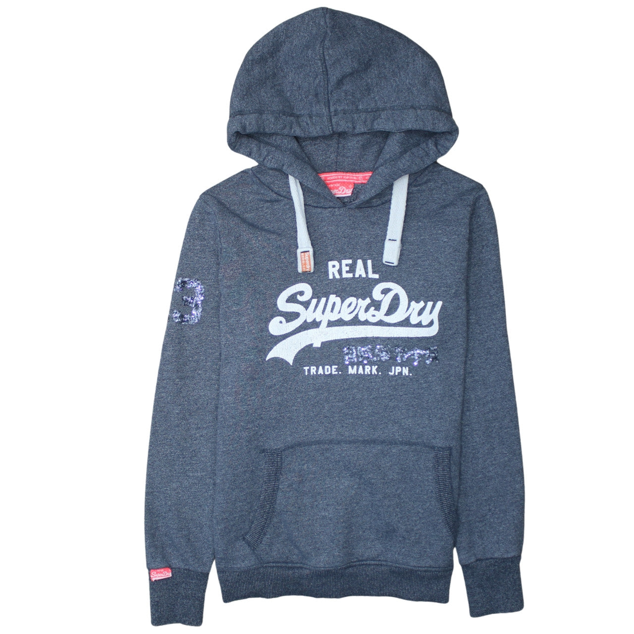 Superdry Women Grey Sequin Logo Pullover Hoodie Size M