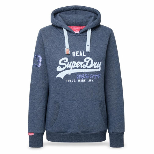 Superdry Women Grey Sequin Logo Pullover Hoodie Size M
