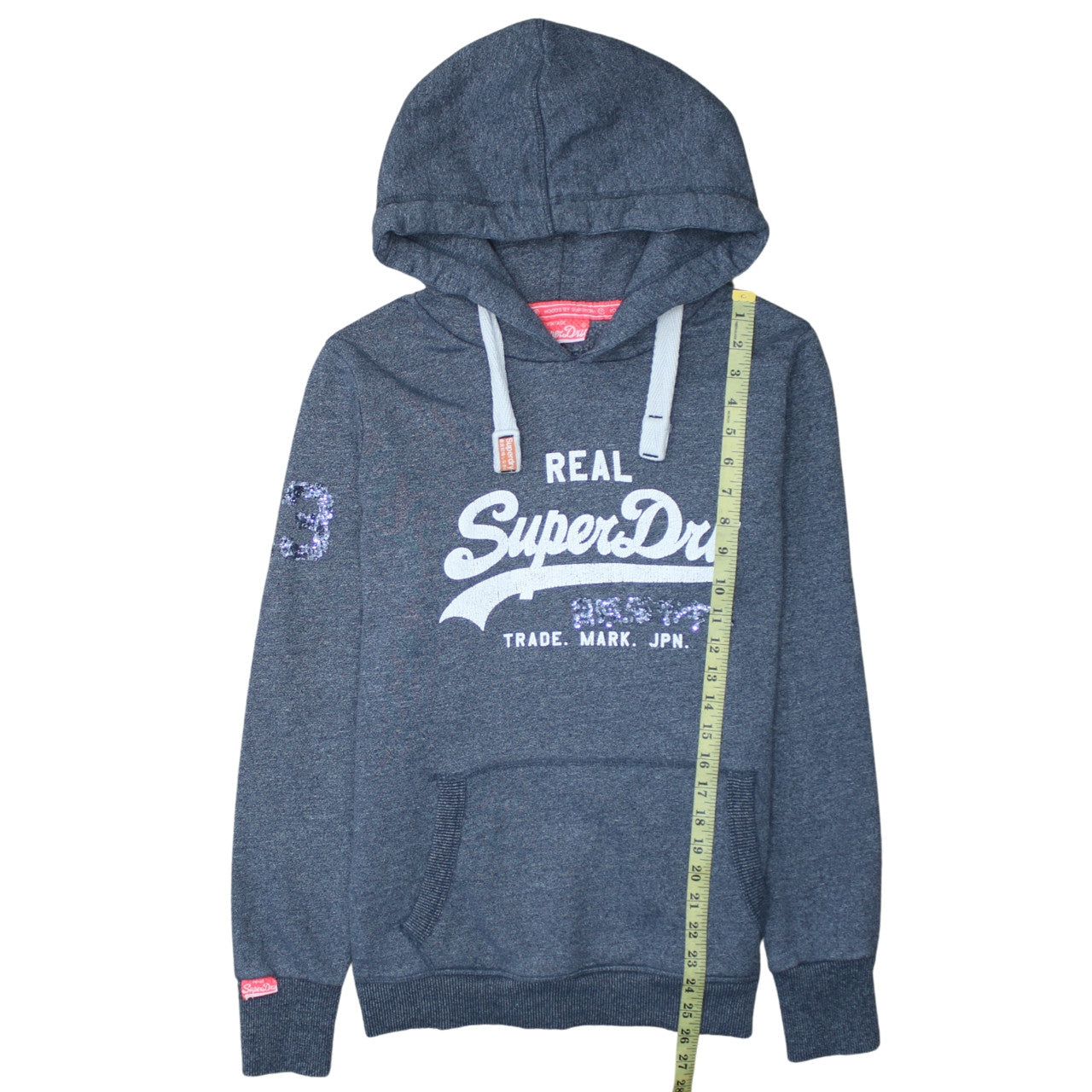 Superdry Women Grey Sequin Logo Pullover Hoodie Size M