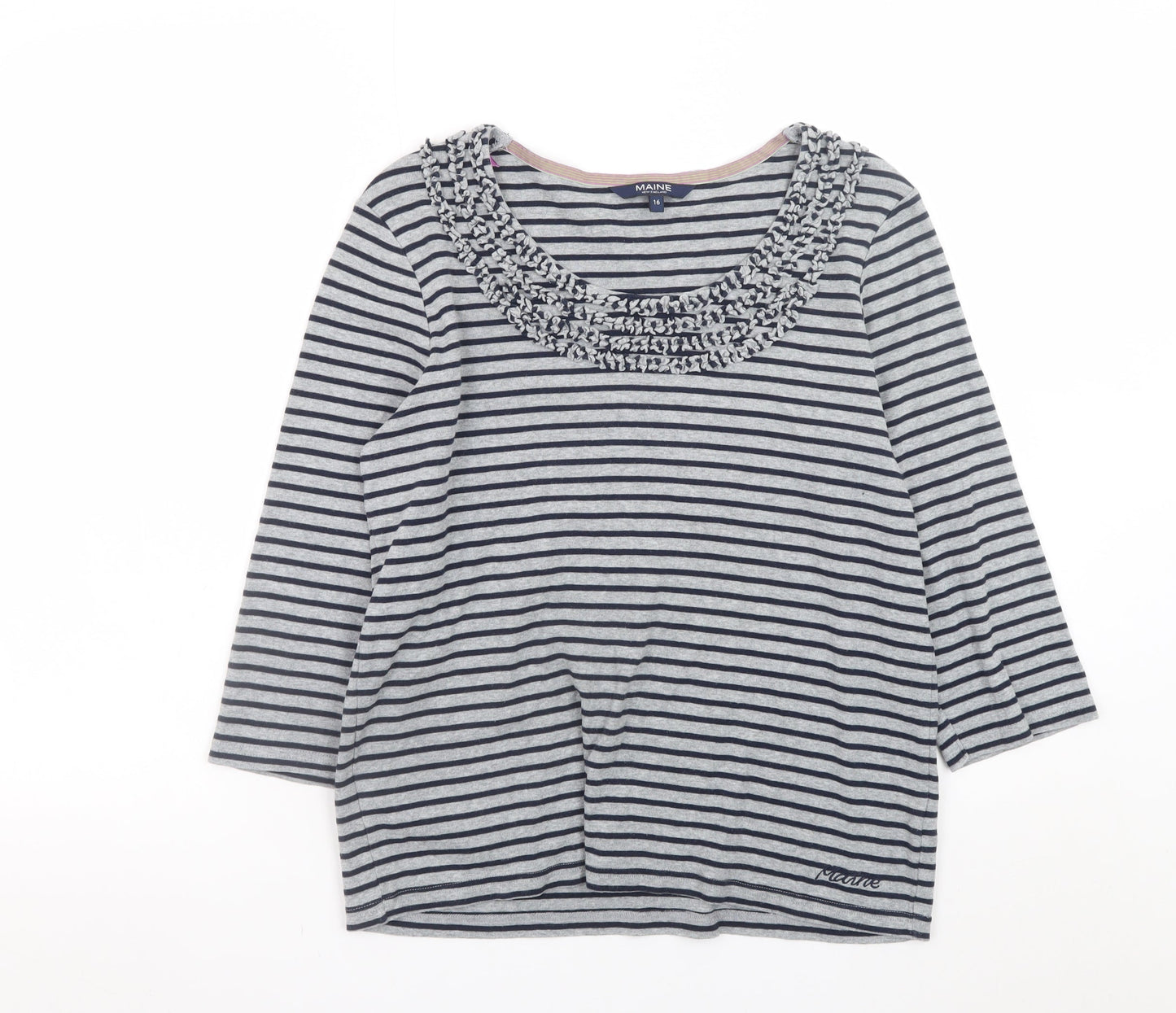 Maine New England Women's Blue Striped 3/4 Sleeve Cotton T-Shirt Size 16