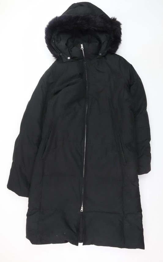 GAP Womens Black Long Puffer Coat L Hooded Faux Fur Trim Winter Jacket
