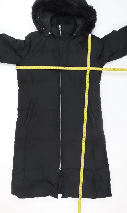 GAP Womens Black Long Puffer Coat L Hooded Faux Fur Trim Winter Jacket