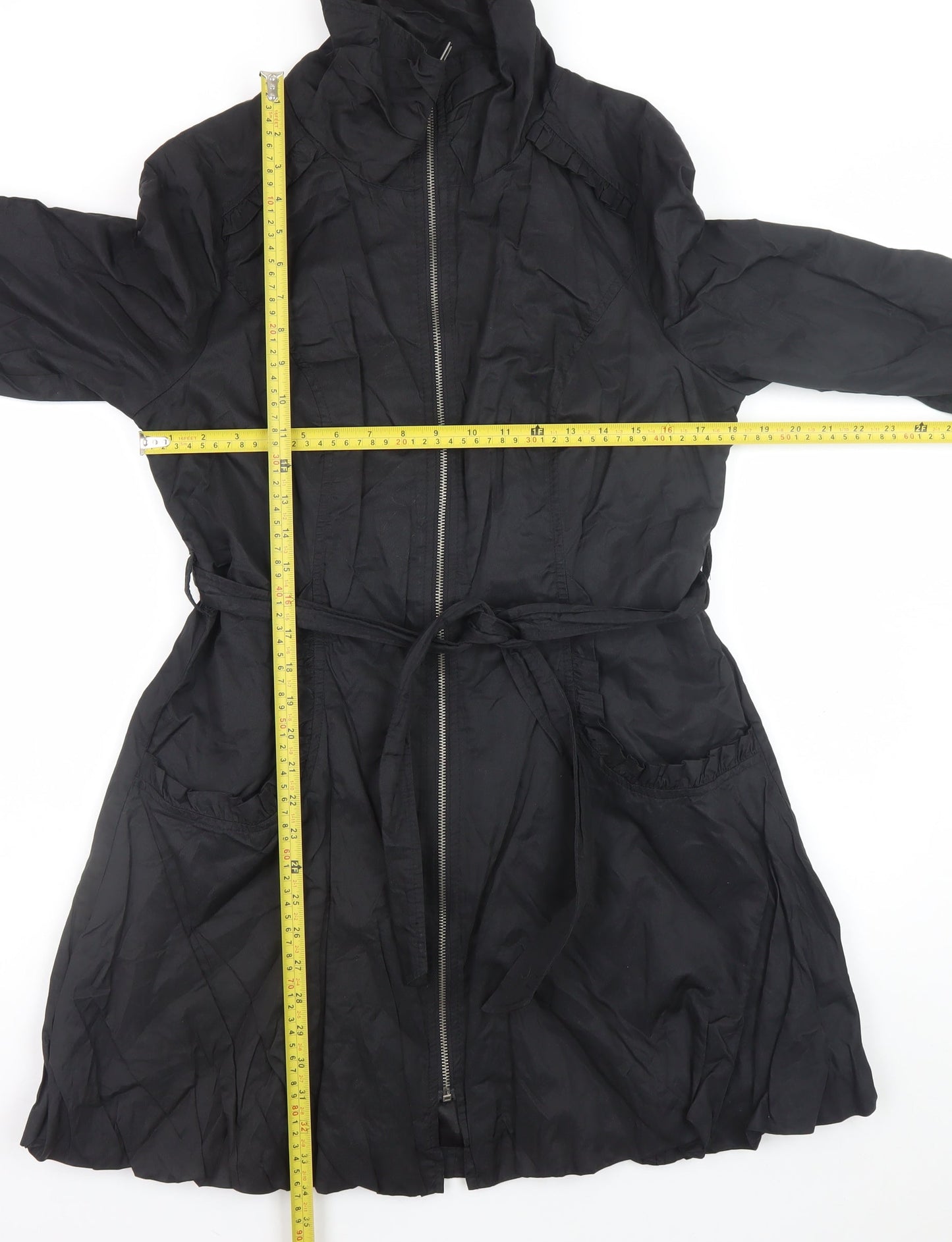 Wallis Women’s Black Long Trench Coat Size 14 Belted Zip Cotton Blend