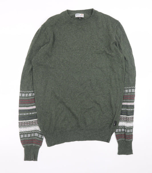 Barbour Mens Green Wool Fair Isle Crew Neck Jumper Size M