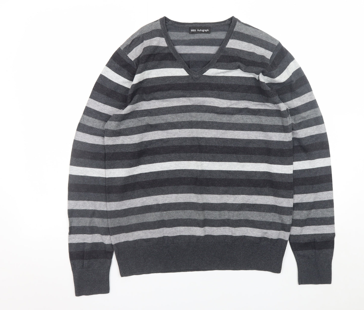 Marks and Spencer Men’s Grey Striped V-Neck Pullover Jumper Medium