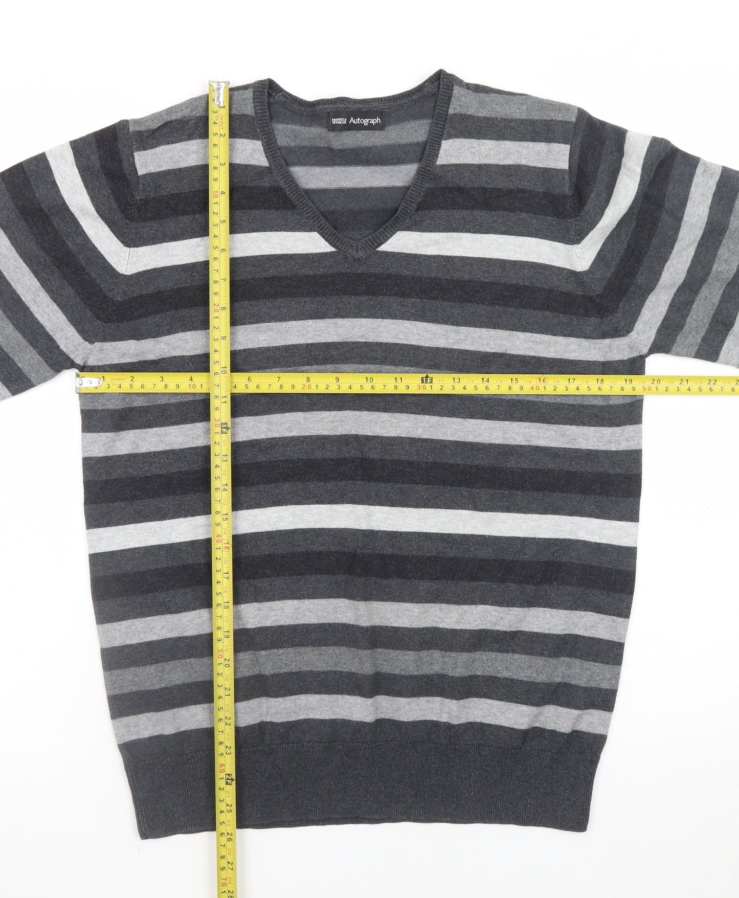 Marks and Spencer Men’s Grey Striped V-Neck Pullover Jumper Medium