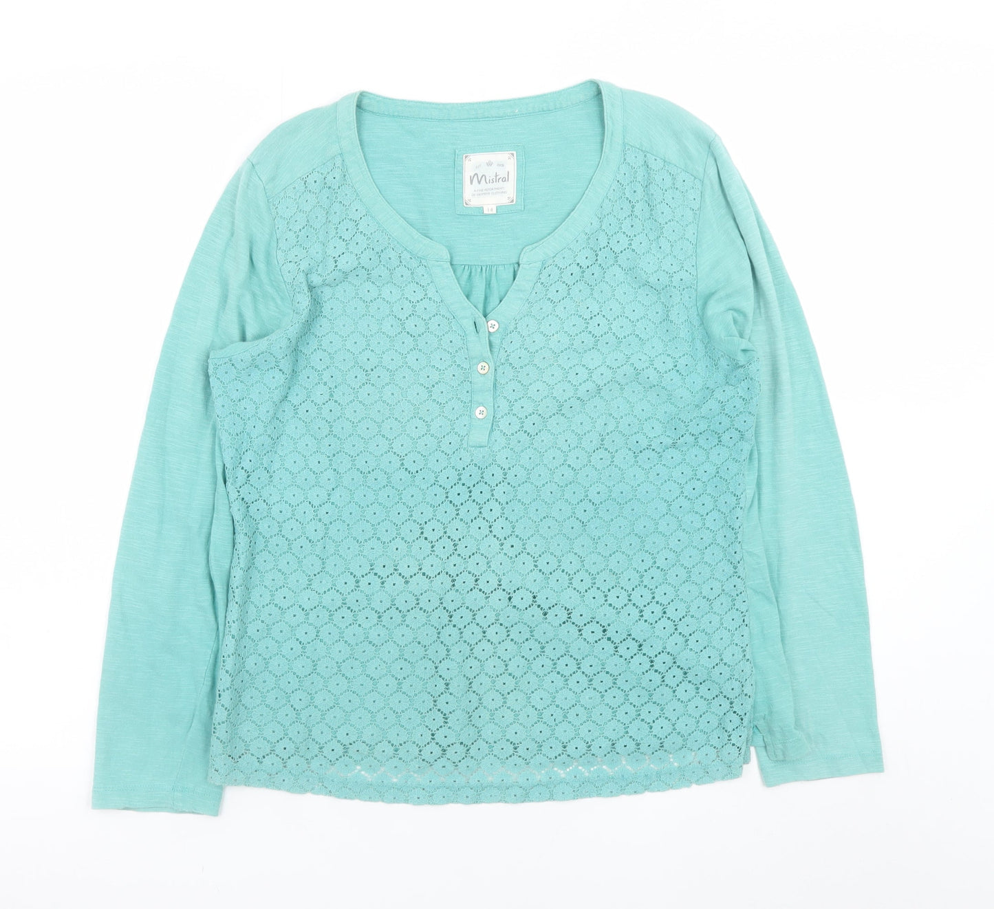 Mistral Women's Green Cotton Lace Henley Tunic Blouse Size 14