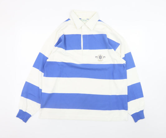 Canda Men's Blue Striped Rugby Shirt Medium Long Sleeve Cotton Top