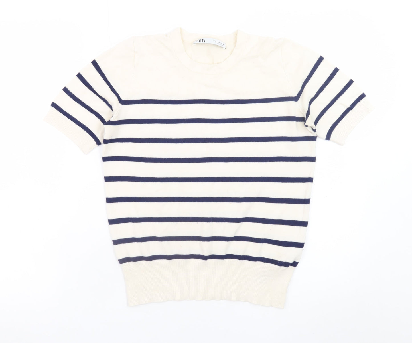 Zara Women Ivory Navy Striped Short Sleeve Knit Jumper Size S