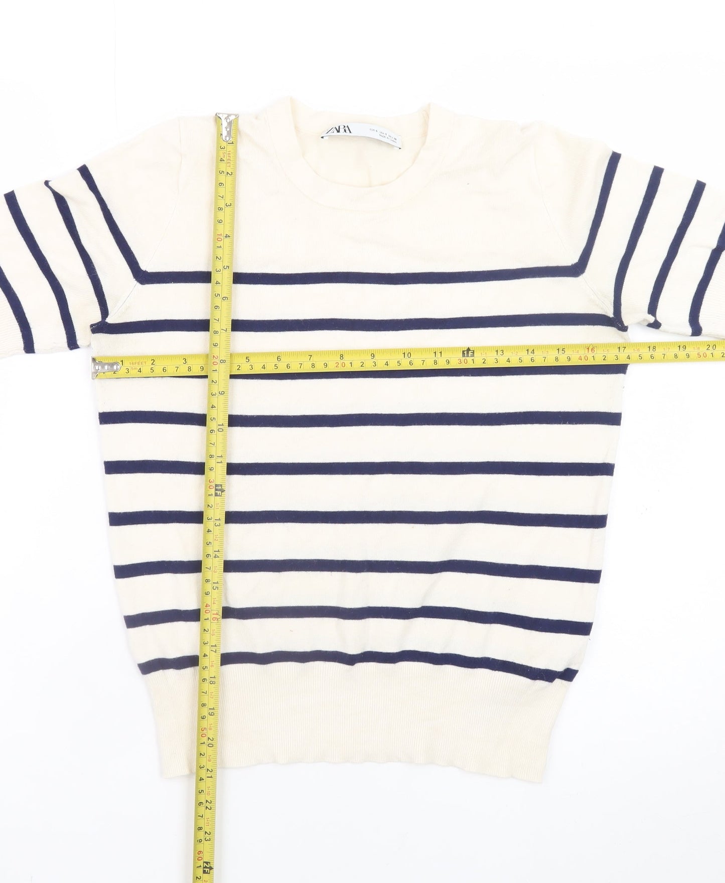 Zara Women Ivory Navy Striped Short Sleeve Knit Jumper Size S