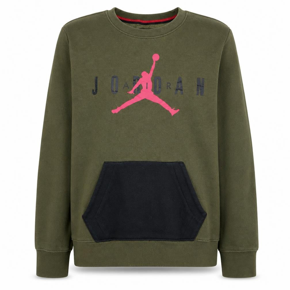 Front view of Jordan boys’ green black sweatshirt crew neck fleece regular fit 10-11 years