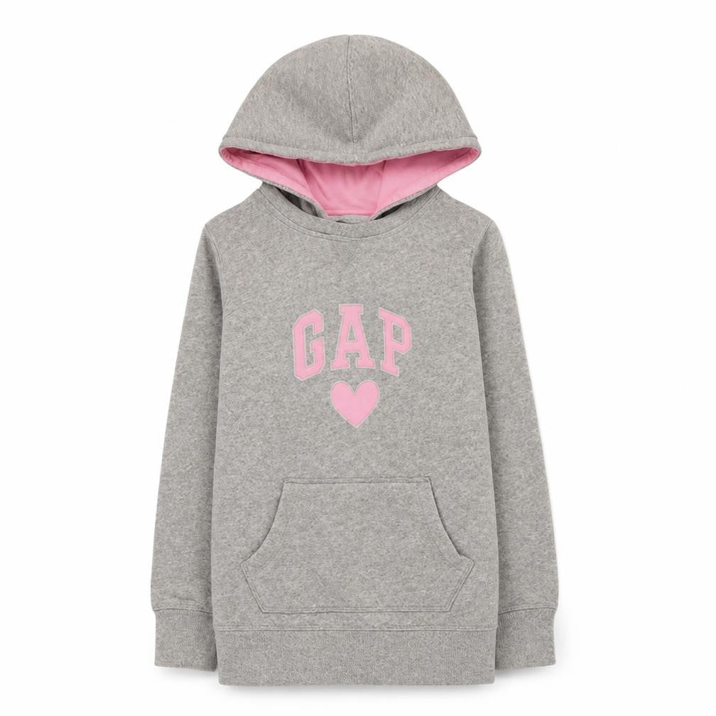 Front view of Gap Kids girls’ grey hooded pullover sweatshirt medium with logo print
