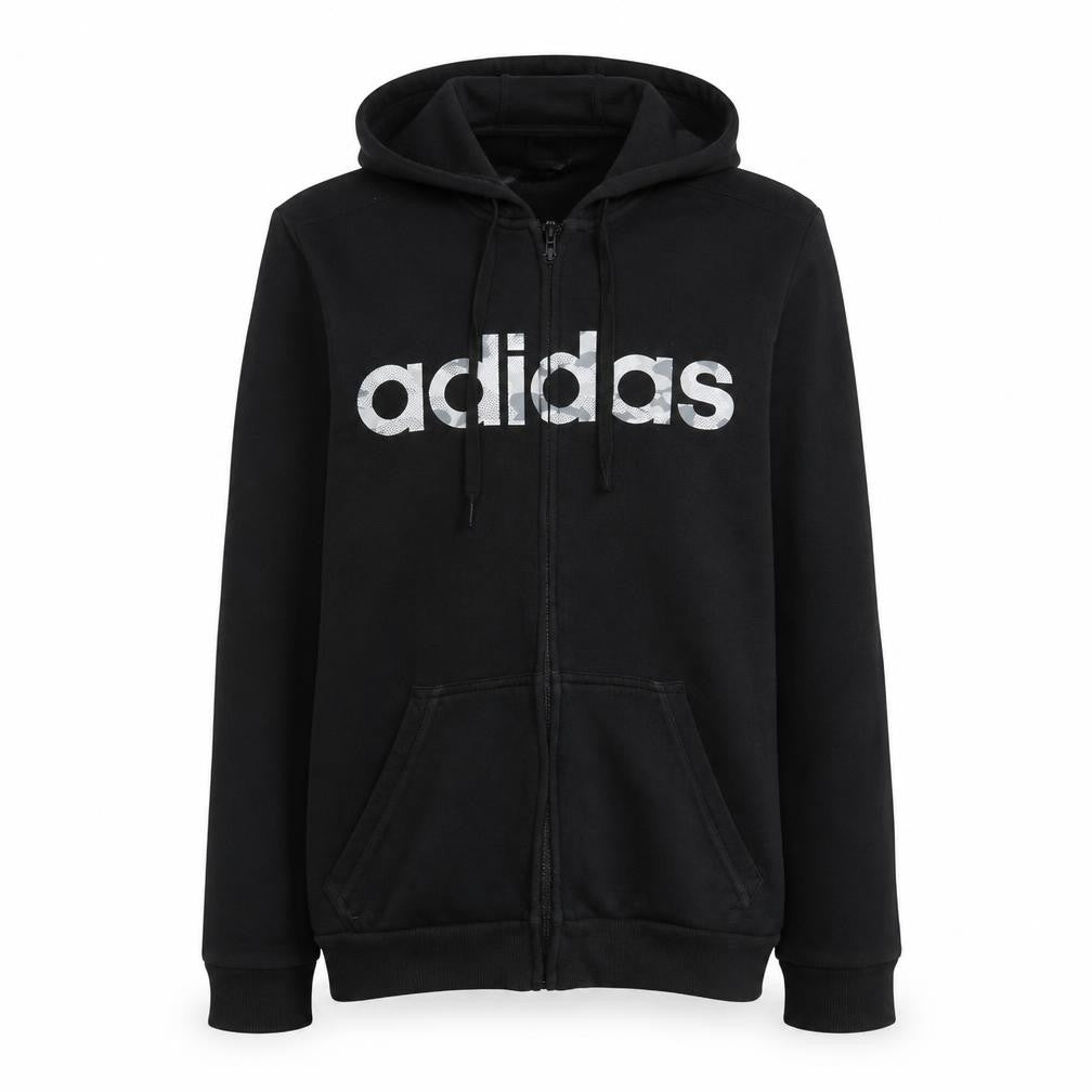 Front view of Adidas Men's Black Full Zip Hoodie, size S, Sports Fleece