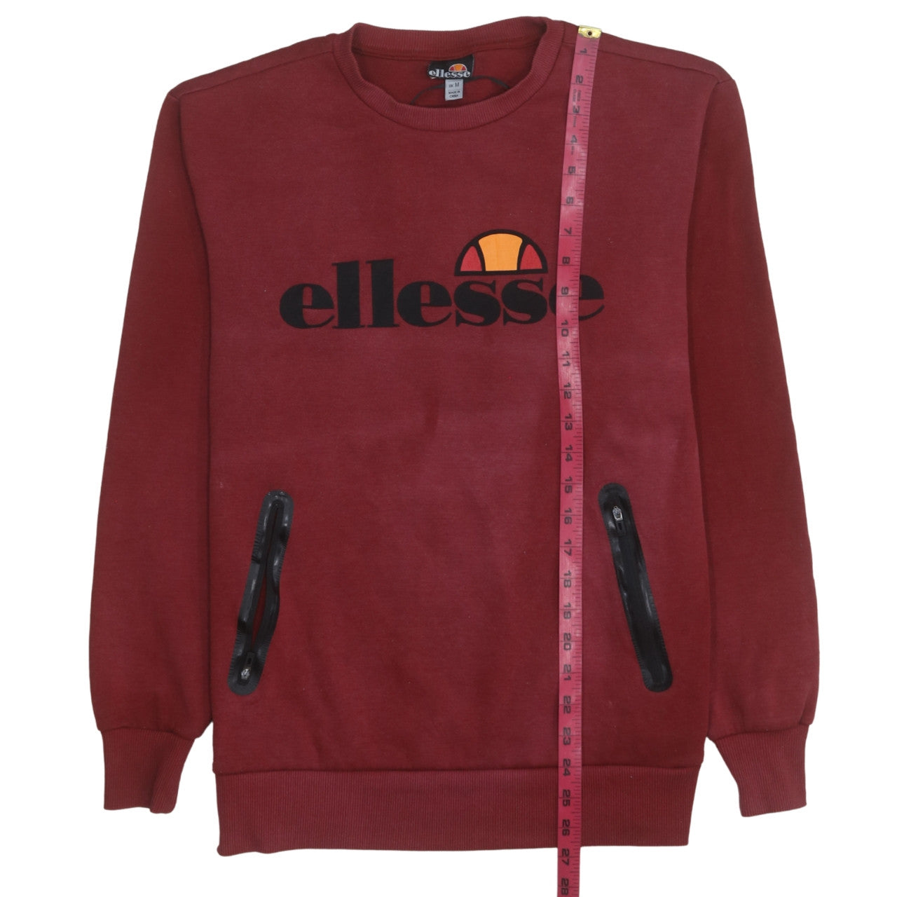 Ellesse Men Red Pullover Sweatshirt M Logo Crew Neck Zip Pockets