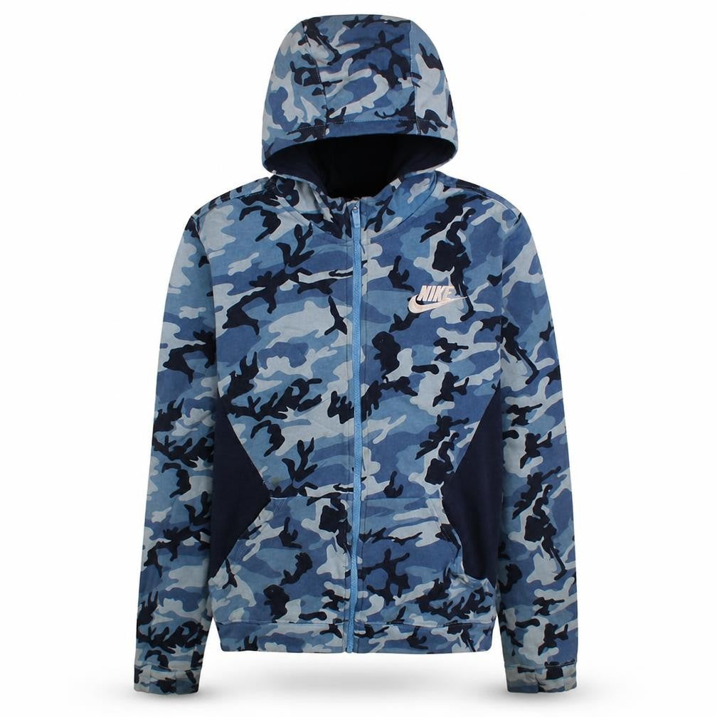 Front view of Nike boys’ blue camouflage full zip hoodie fleece xl