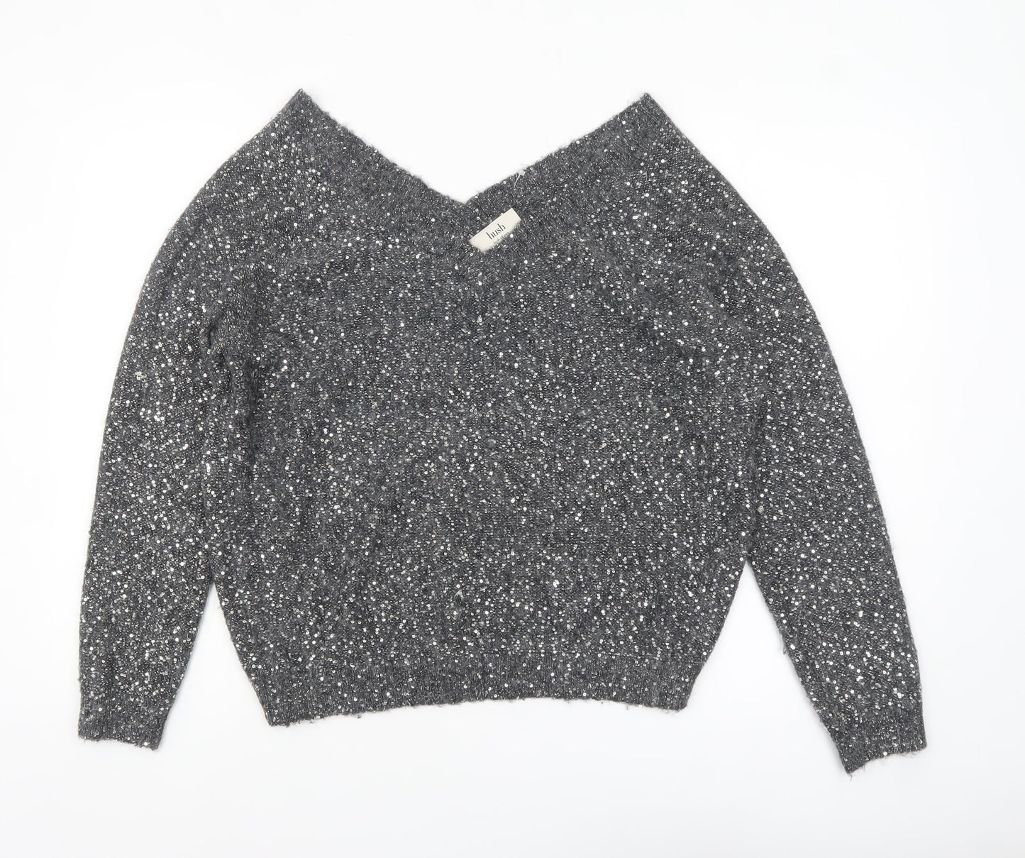 Hush Women Grey Sequin V-Neck Wool Blend Pullover Jumper M