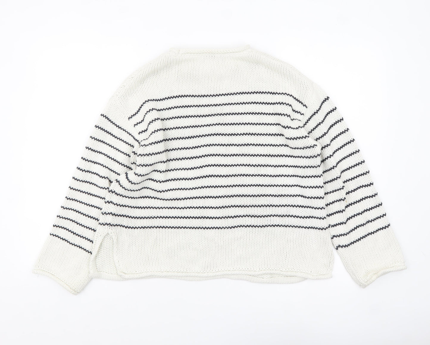 Zara Women White Striped Cotton Crew Neck Knit Jumper Size S