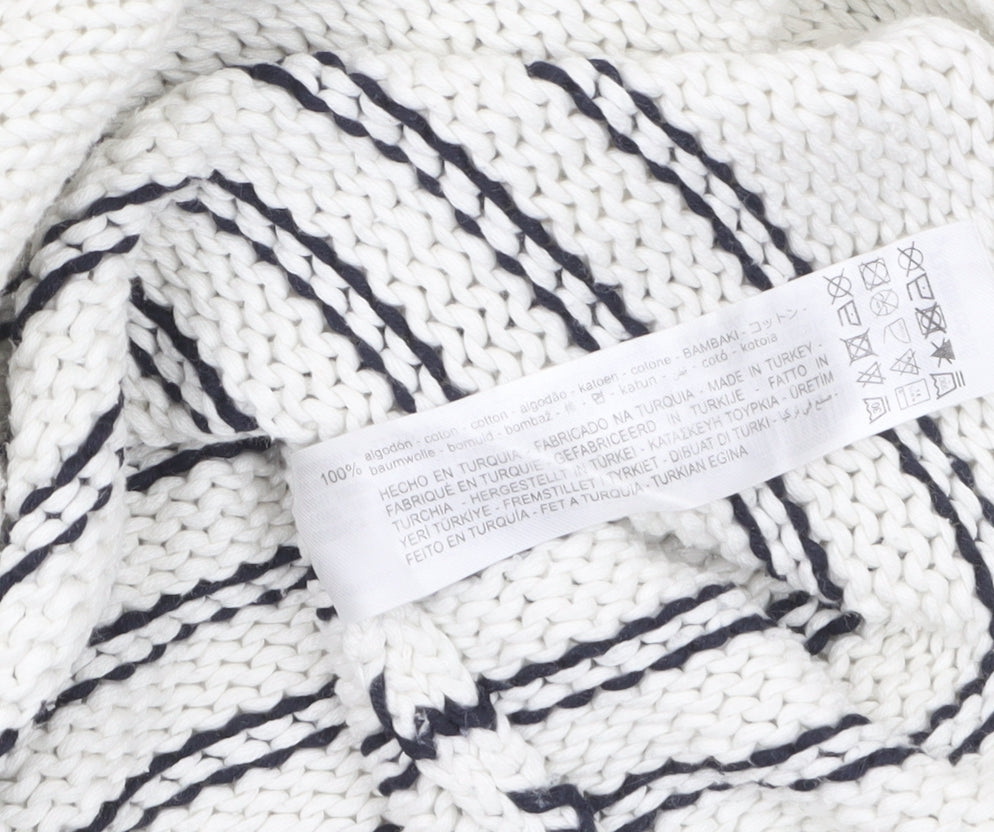 Zara Women White Striped Cotton Crew Neck Knit Jumper Size S