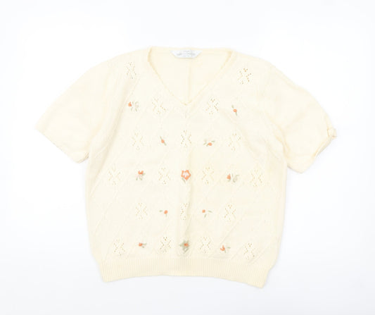 Marks and Spencer Women Beige V-Neck Embroidered Cotton Jumper Size 16