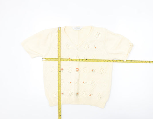 Marks and Spencer Women Beige V-Neck Embroidered Cotton Jumper Size 16