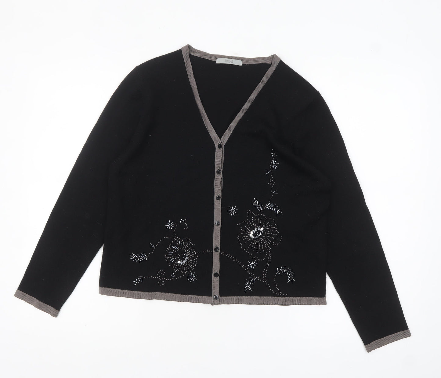 Marks and Spencer Womens Black Wool Blend Floral Beaded Cardigan UK 14