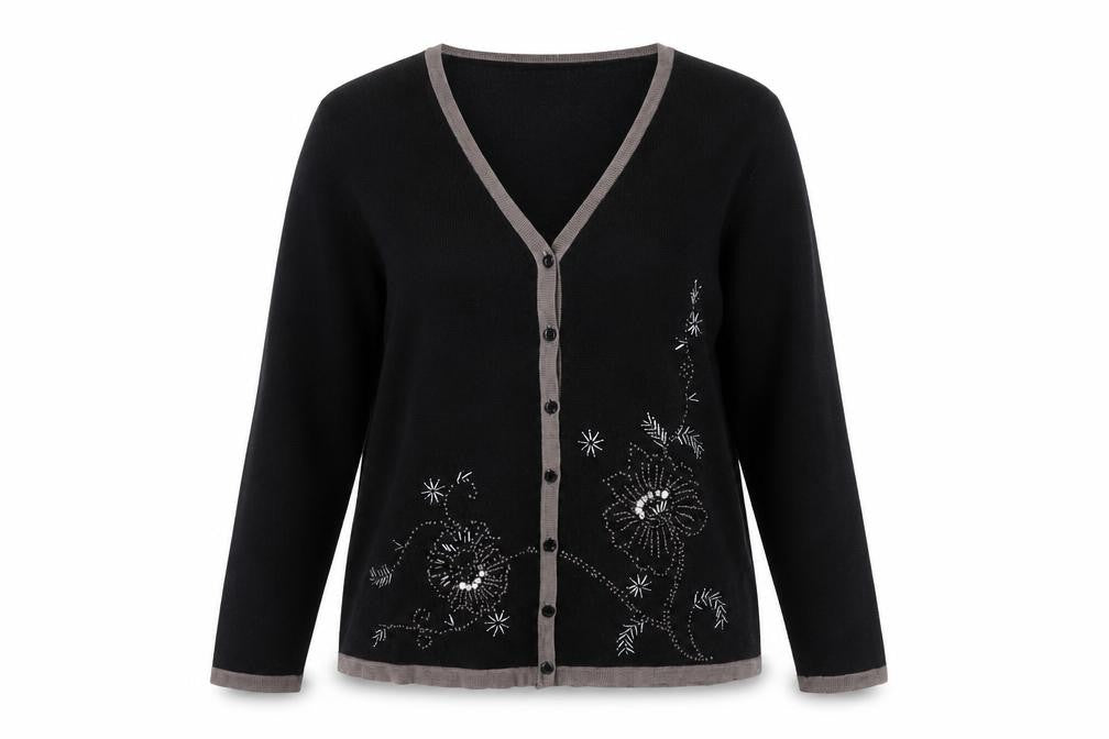 Marks and Spencer Womens Black Wool Blend Floral Beaded Cardigan UK 14