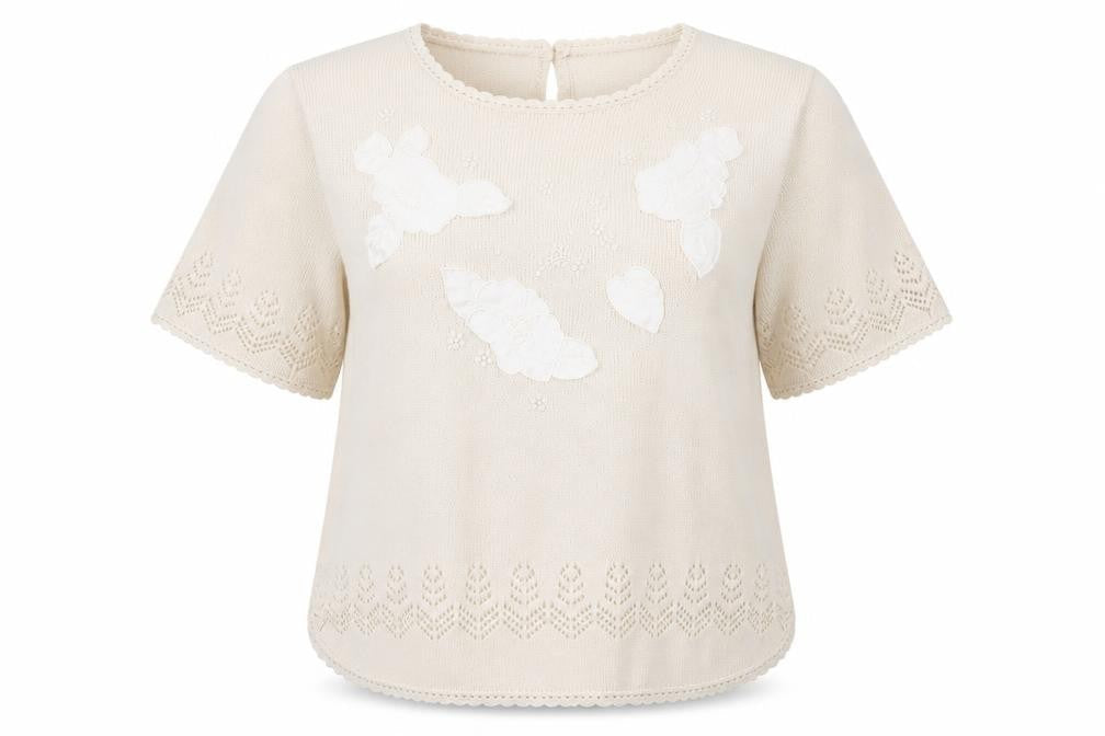 ABEL Women's Beige Knit Tunic Blouse XL Short Sleeve Embroidered Top