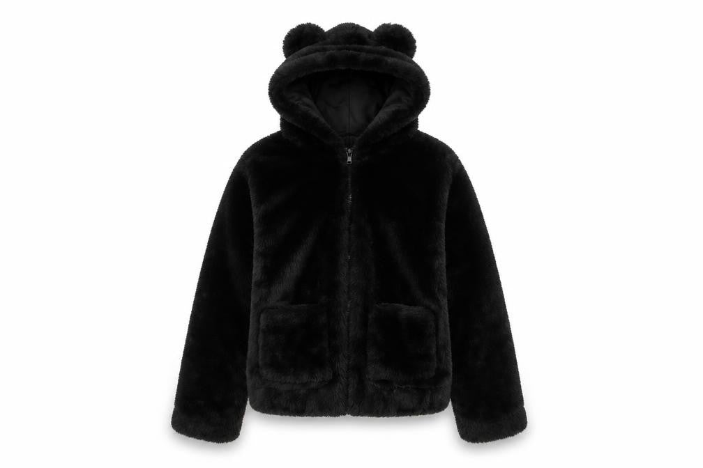 Front view of H&M girls’ black faux fur hooded jacket 11-12 years lined animal ears