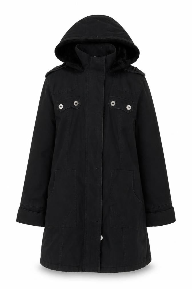 MK Women's Black Hooded Parka Coat Size 12 Lined Mid-Length Jacket