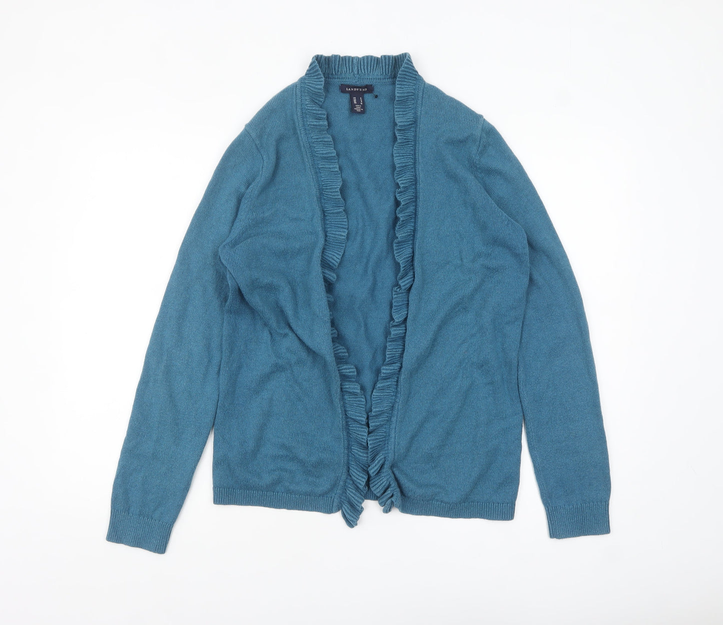 Lands' End Women Blue Long Sleeve Ruffle Edge Cardigan S