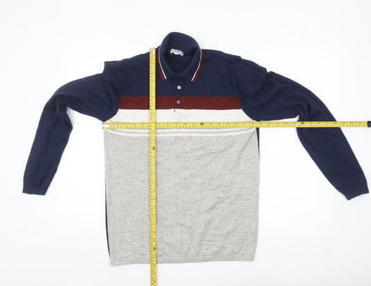 Next Men's Blue Grey Striped Collared Henley Jumper Medium