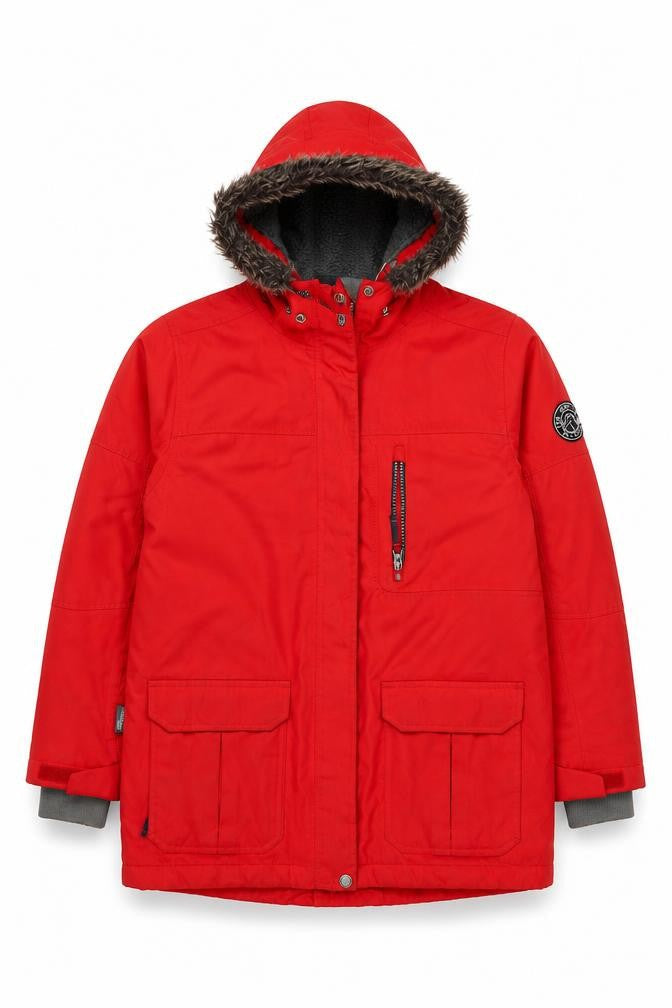 Front view of TOG24 boys’ red hooded parka coat jacket 11-12 years waterproof winter warm