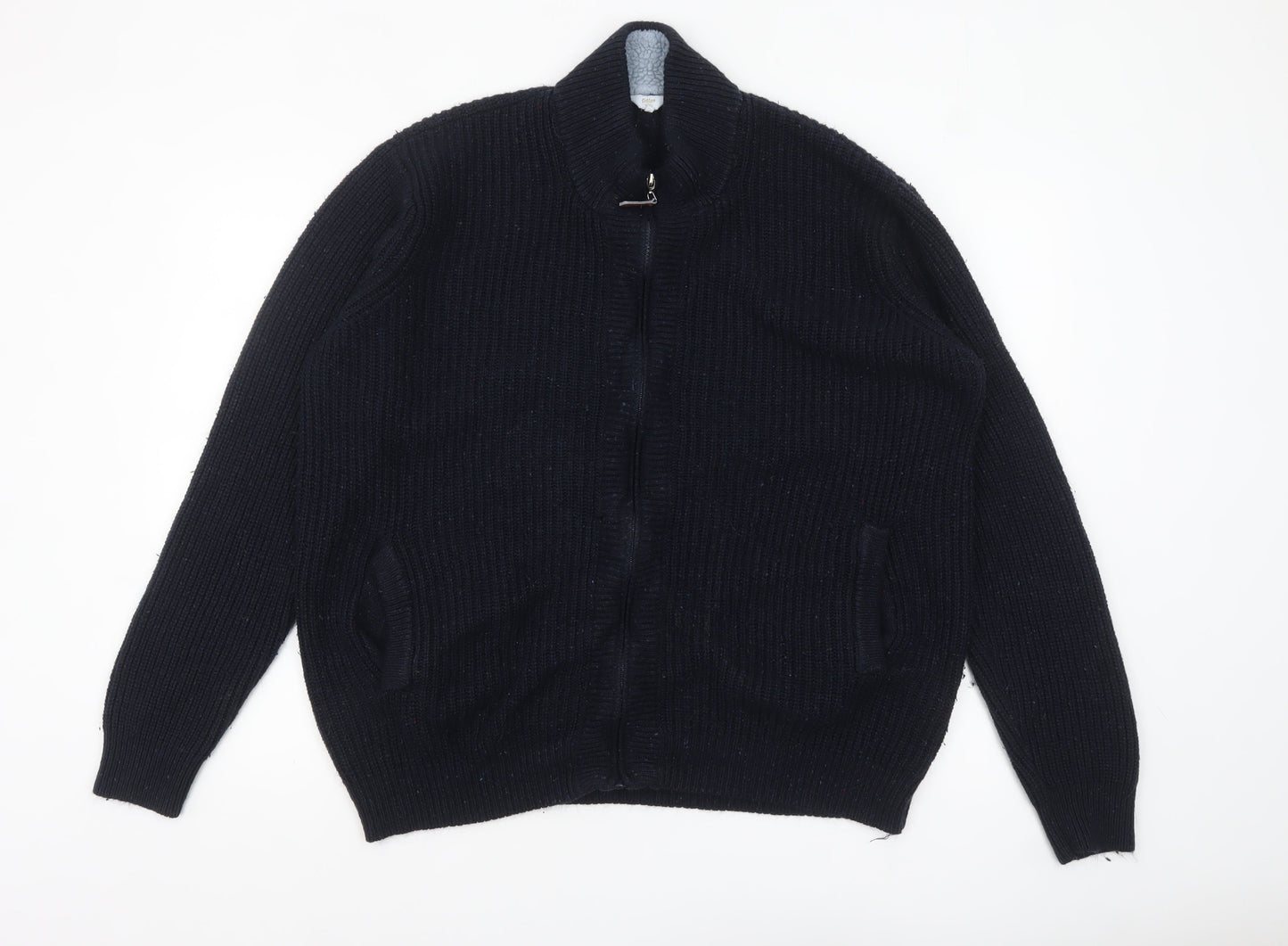 Cotton Traders Men's Blue XL Full Zip Chunky Knit Wool Jumper
