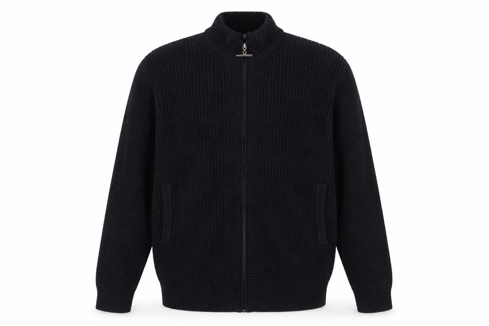 Cotton Traders Men's Blue XL Full Zip Chunky Knit Wool Jumper