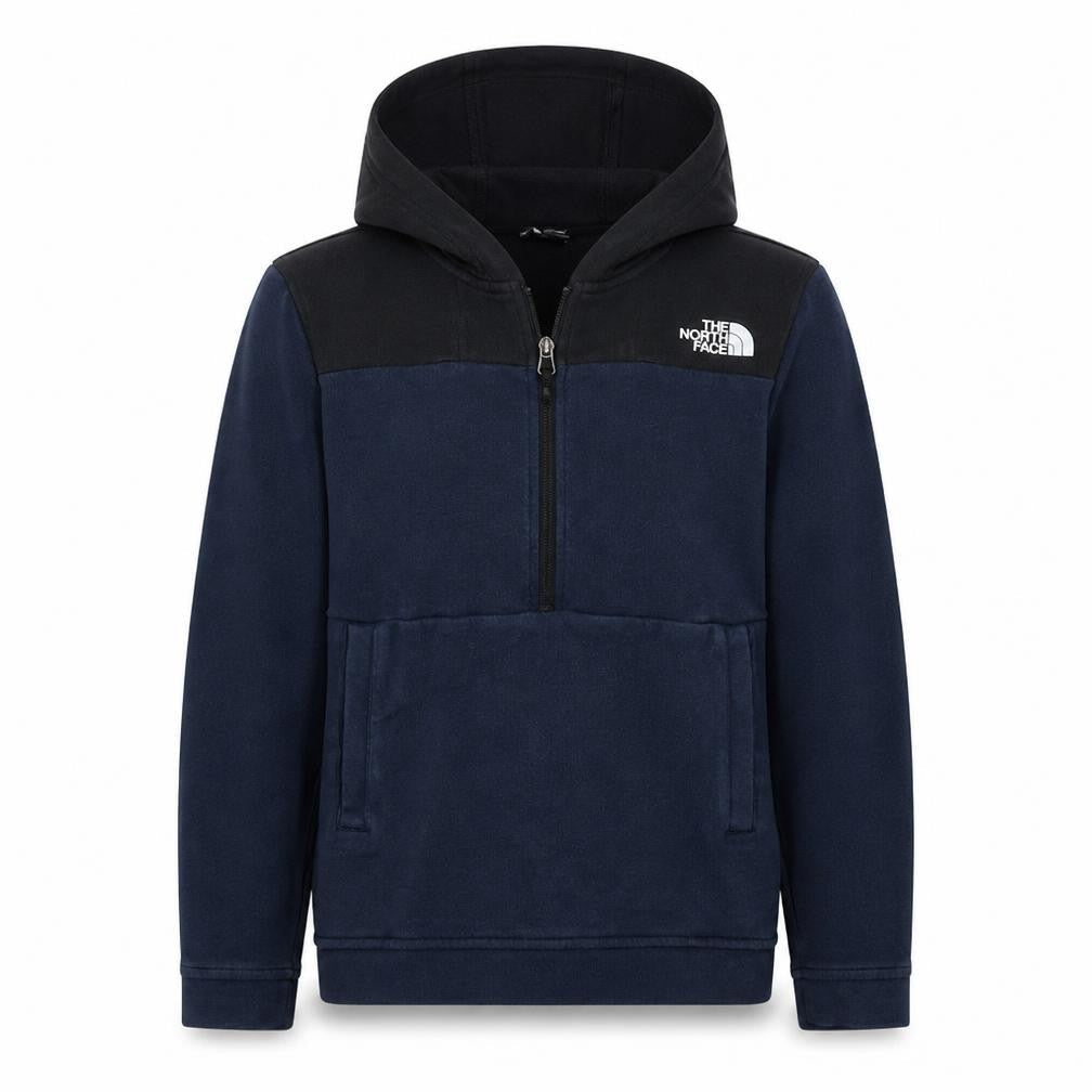 Front view of The North Face boys’ blue colourblock fleece pullover hoodie l