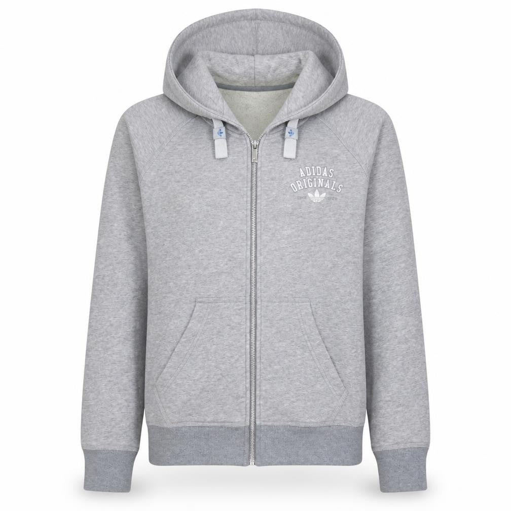 Front view of Adidas Originals Women Grey Full Zip Hoodie, size 12, Lined Hooded