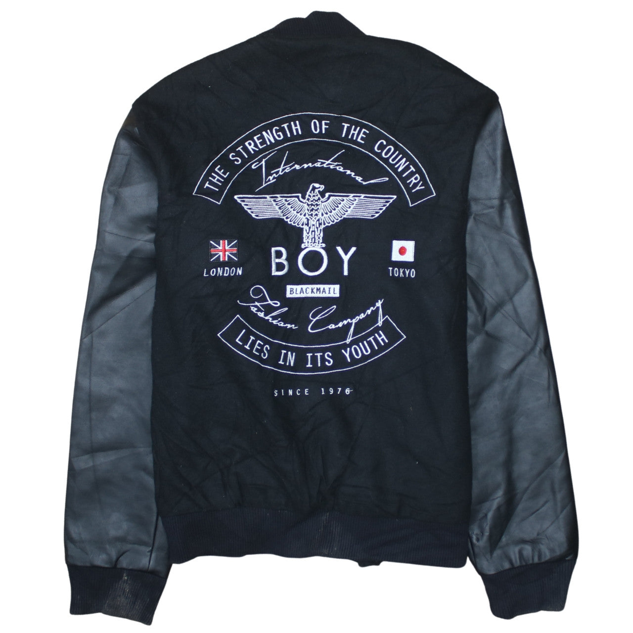Boy London Women’s Black Varsity Jacket L Embroidered Logo Cotton Faux Leather