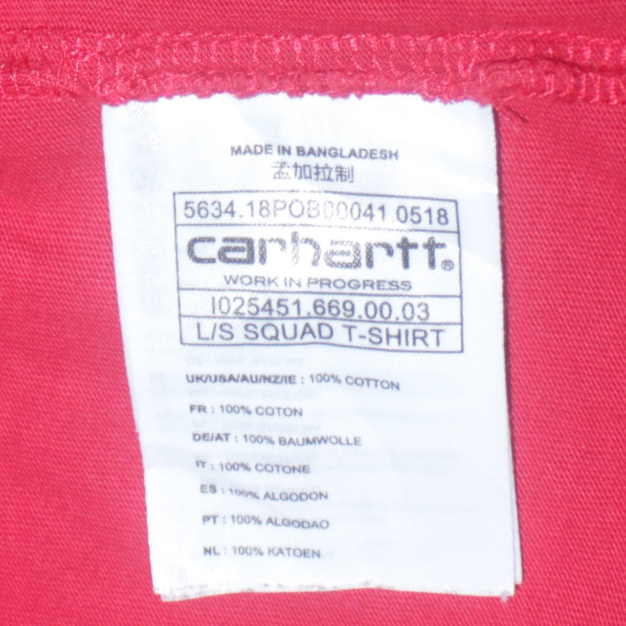 Carhartt WIP Men's Red Long Sleeve Crew Neck Cotton T-Shirt Size S